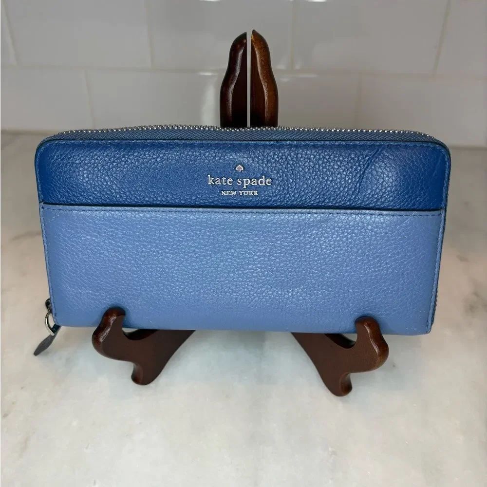 Kate Spade Wallet Leather Blue Jackson Color-block Pebbled Zip-Around Wallet
